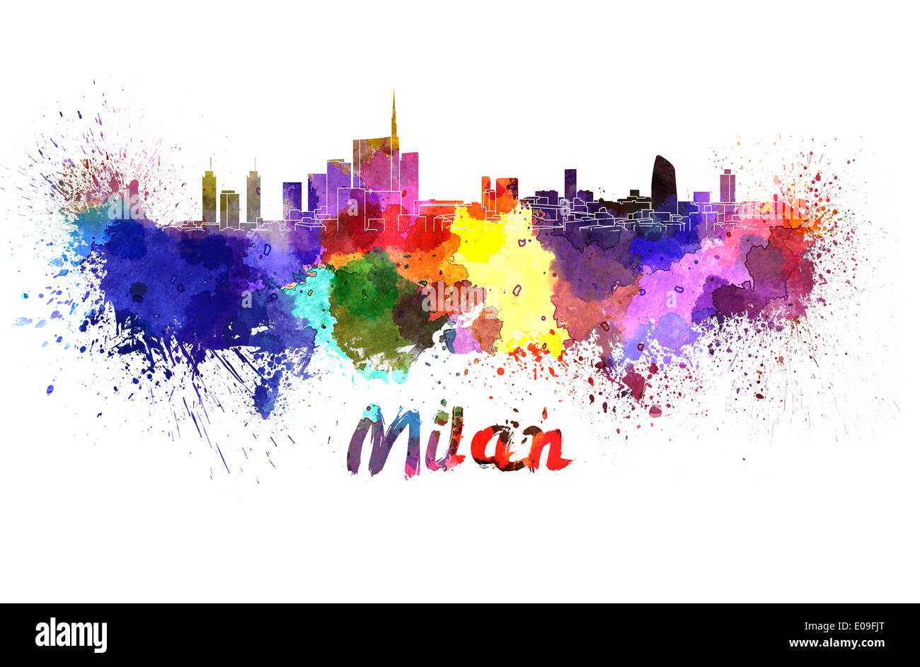 Milan skyline in watercolor splatters Stock Photo