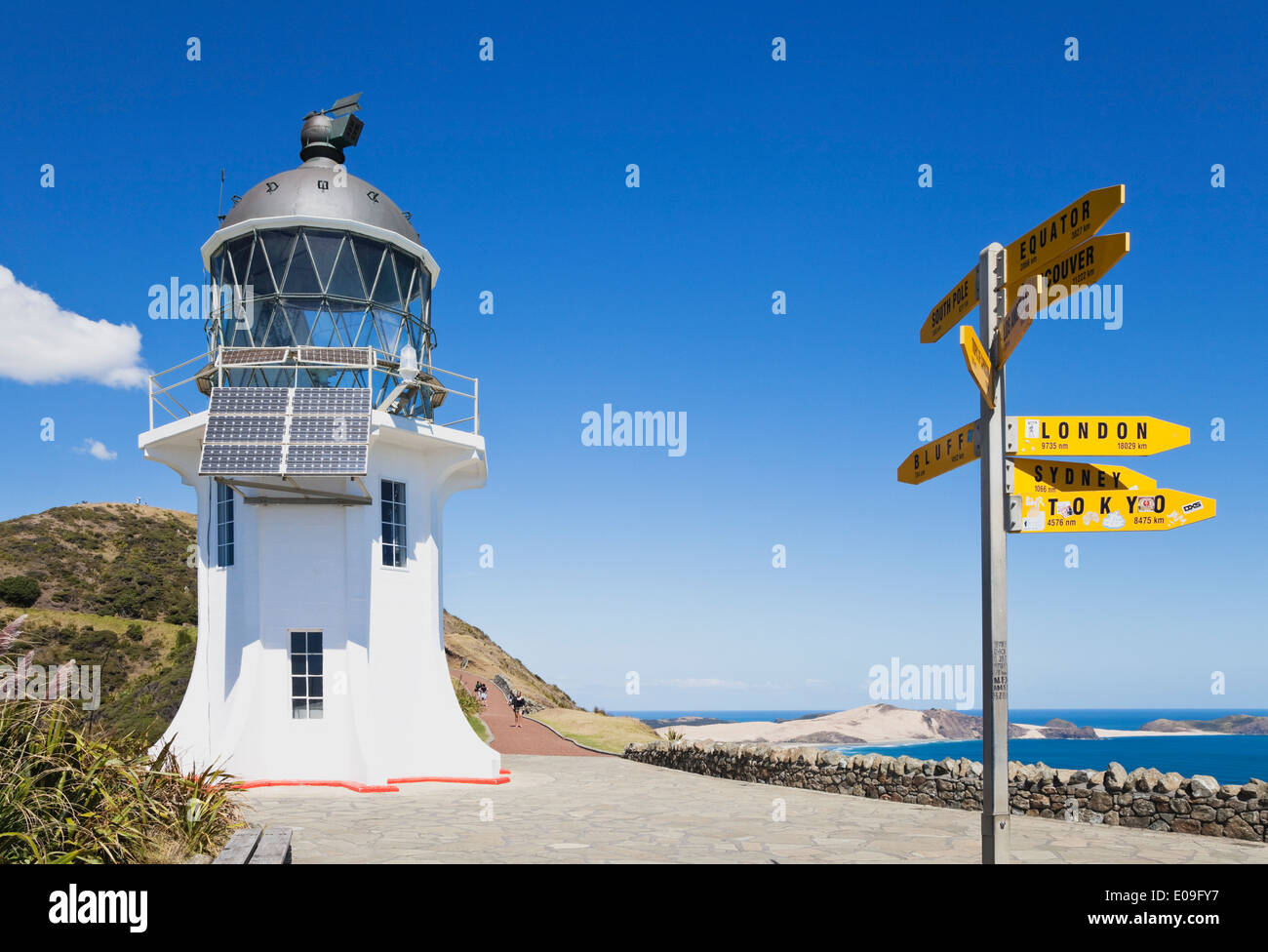 New Zealand, Northland, Cape Reinga, Lighthouse and signs Stock Photo