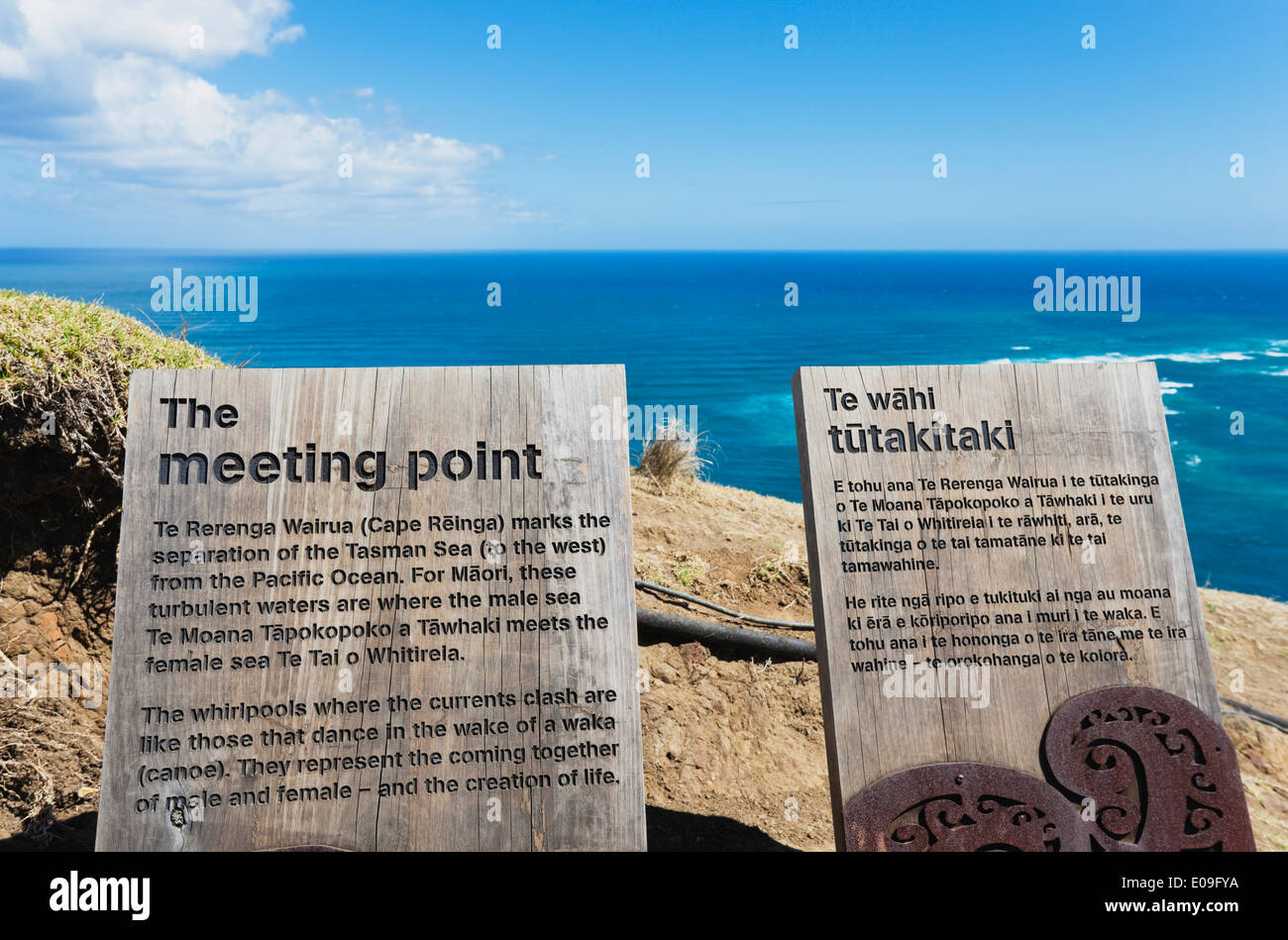 New Zealand, Northland, Cape Reinga, Meeting Point of Tasman Sea and South Pacific Ocean, Signs Stock Photo