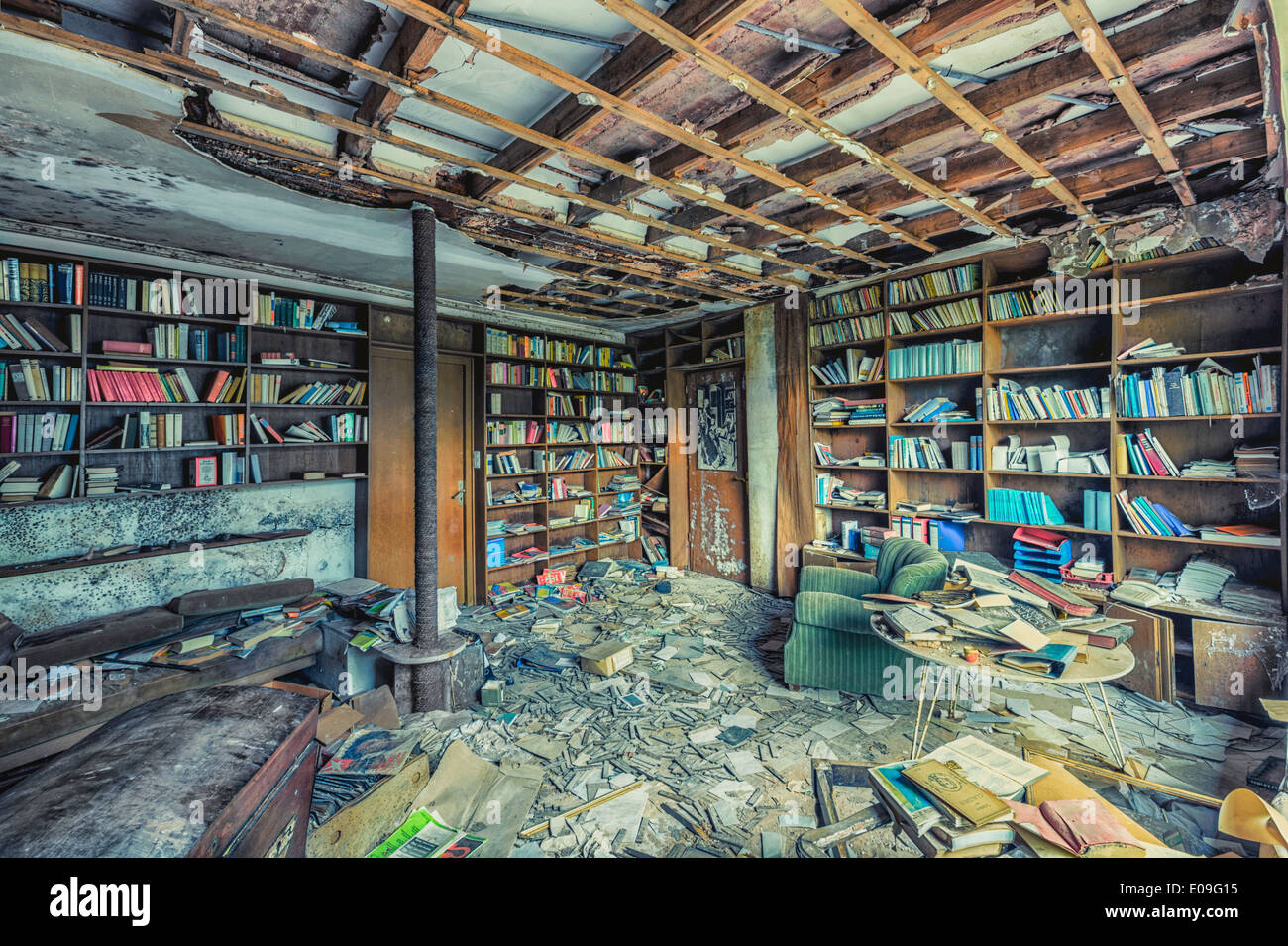 Germany, North RhineWestphalia, old abandoned library Stock Photo