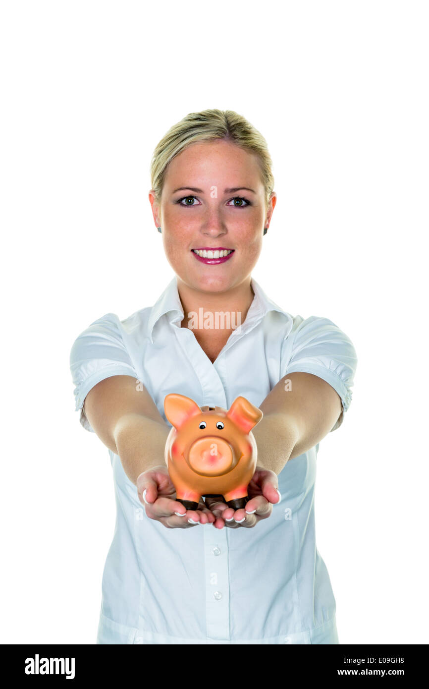 Woman with piggy bank saves money fue the pension and precaution., Frau mit Sparschwein spart Geld fue die Rente und Vorsorge. Stock Photo