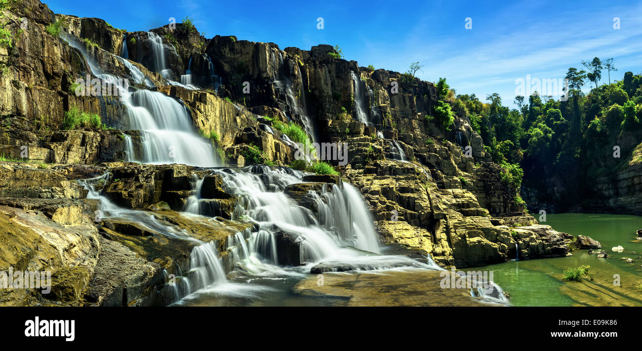 Tropical rainforest landscape panorama with flowing Pongour waterfall under blue sky. Da Lat, Vietnam Stock Photo