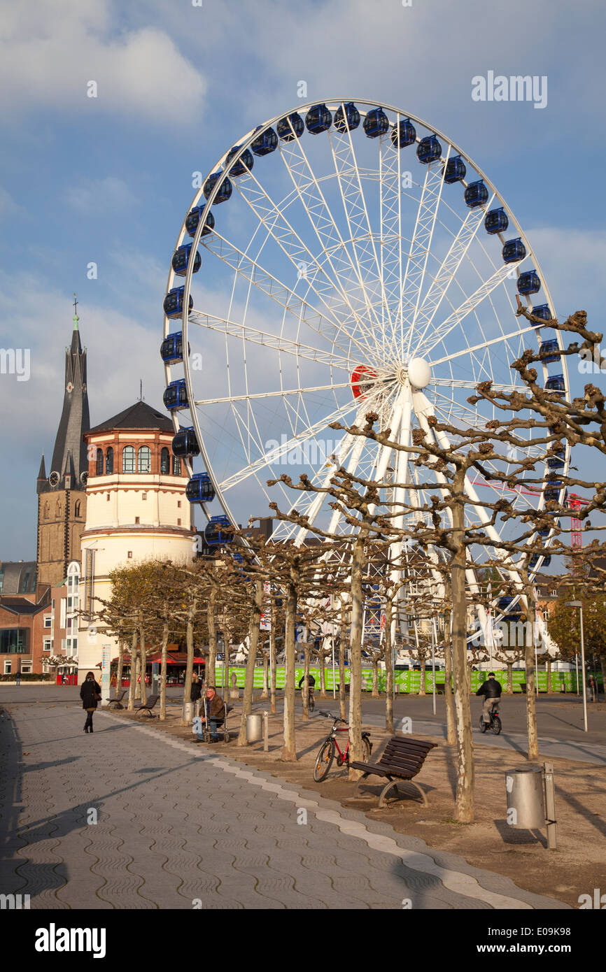 Germany, North Rhine-Westphalia, Duesseldorf, Promenade and Big Wheel, Castle Tower and Lambertus Church Stock Photo