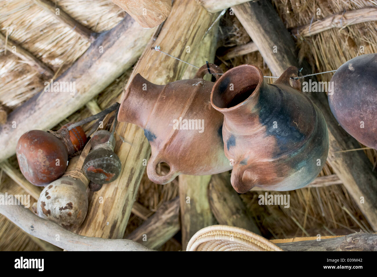 African Pottery Pots Hanging Under The Ceiling Stock Photo