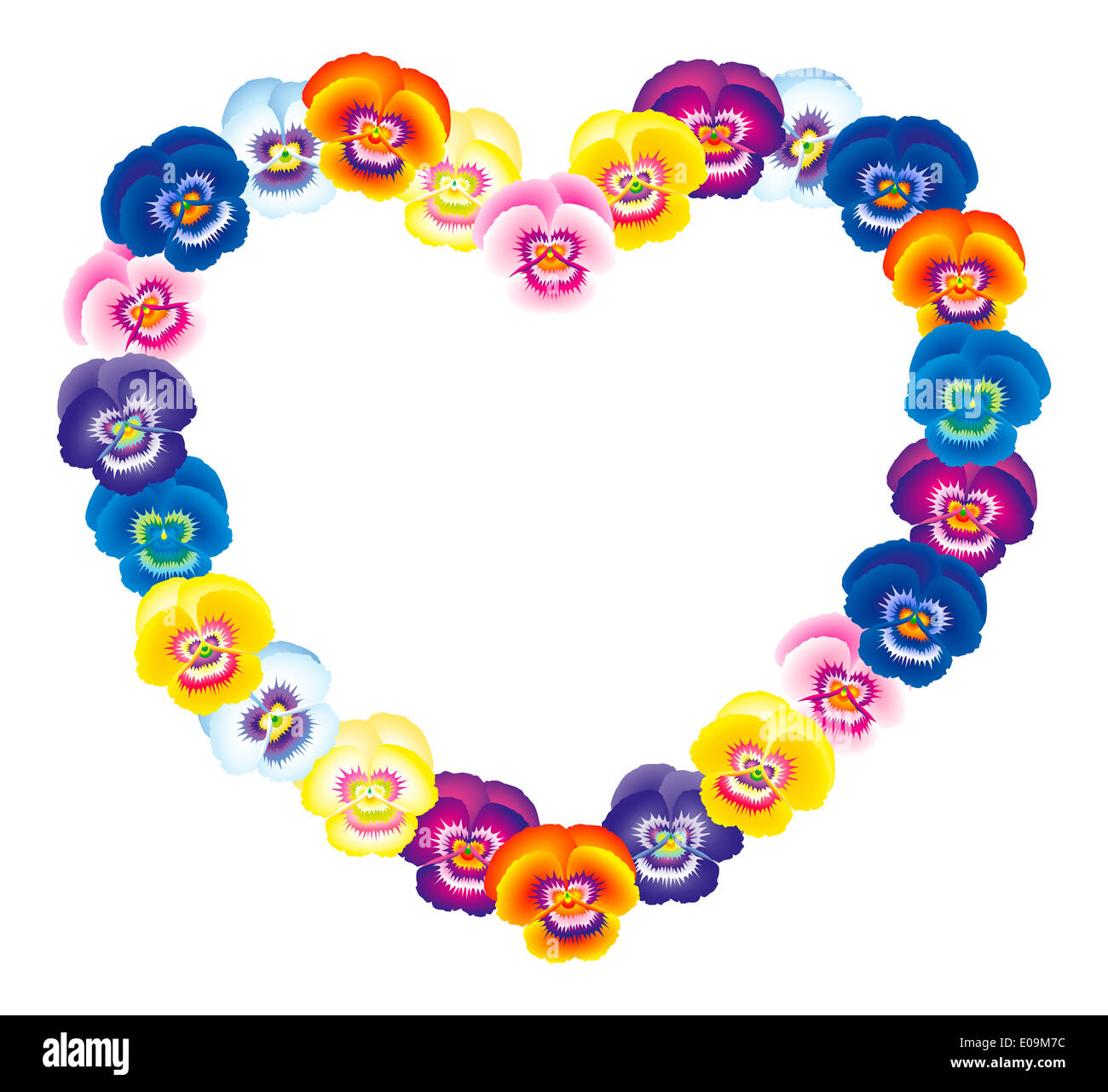 Illustration of a colorful pansy heart bouquet. Stock Photo