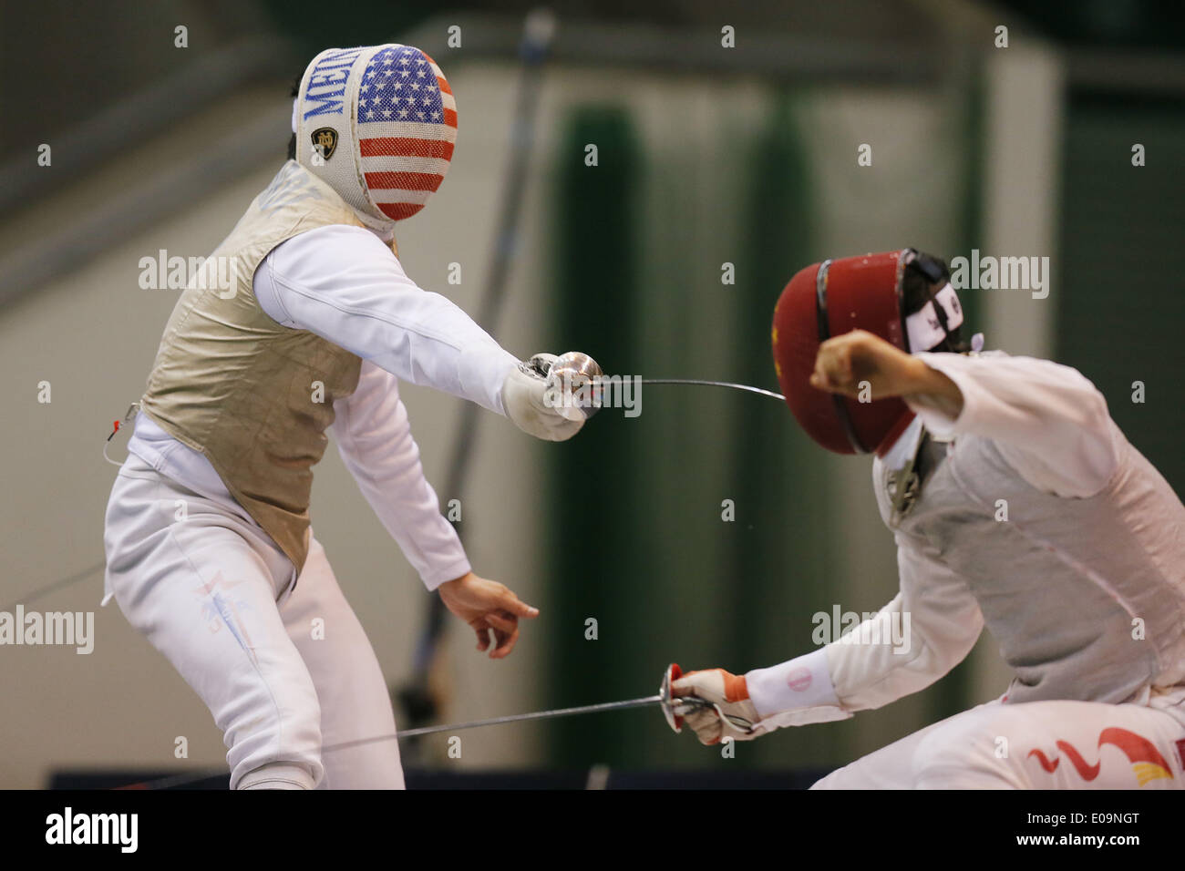 Komazawa Olympic Park Gymnasium, Tokyo, Japan. 4th May, 2014. Meinhardt Gerek (USA), MAY 4, 2014 - Fencing : Prince Takamado Trophy Fencing Men's Foil World Cup GP 2014 Final match between Meinhardt Gerek 15-14 Ma Jianfei at Komazawa Olympic Park Gymnasiu Stock Photo