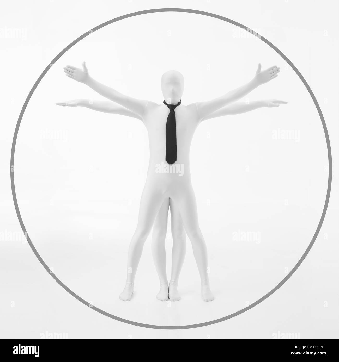 faceless man dressed in white with black tie imitates the work of ...