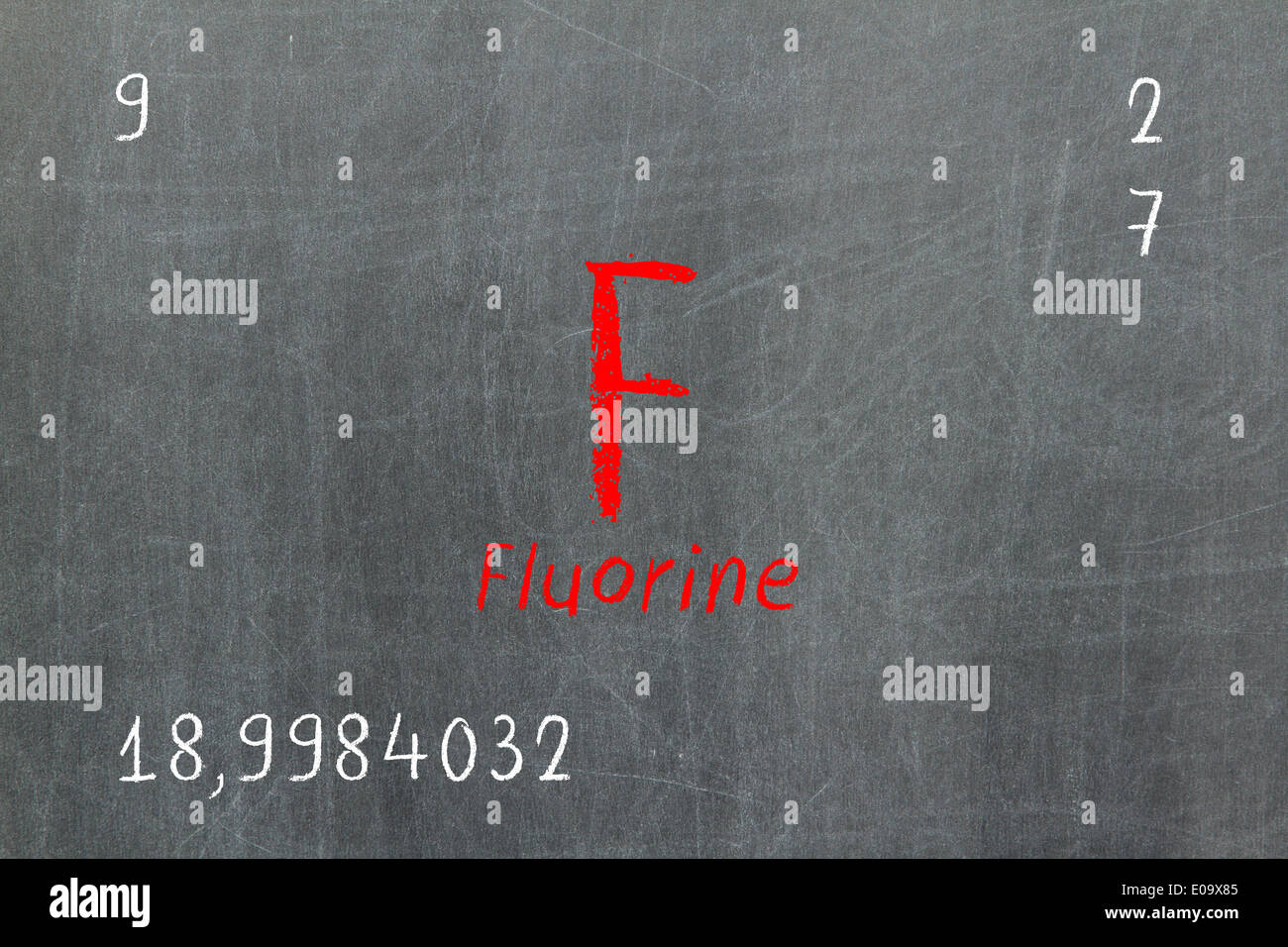 Isolated blackboard with periodic table  Fluorine  Chemistry Stock Photo