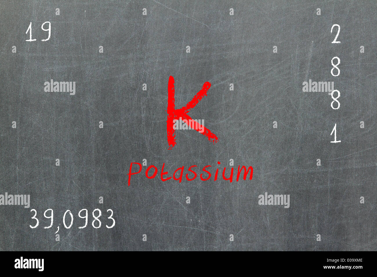 Isolated blackboard with periodic table  Potassium  Chemistry Stock Photo