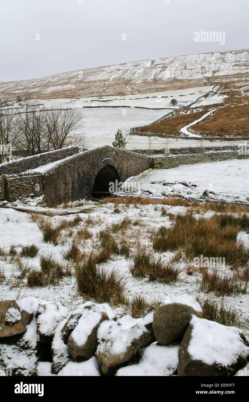 Widdale Beck flowing through snow covered fields and under a stone bridge with the ridge of Widdale Fell rising behind. Stock Photo