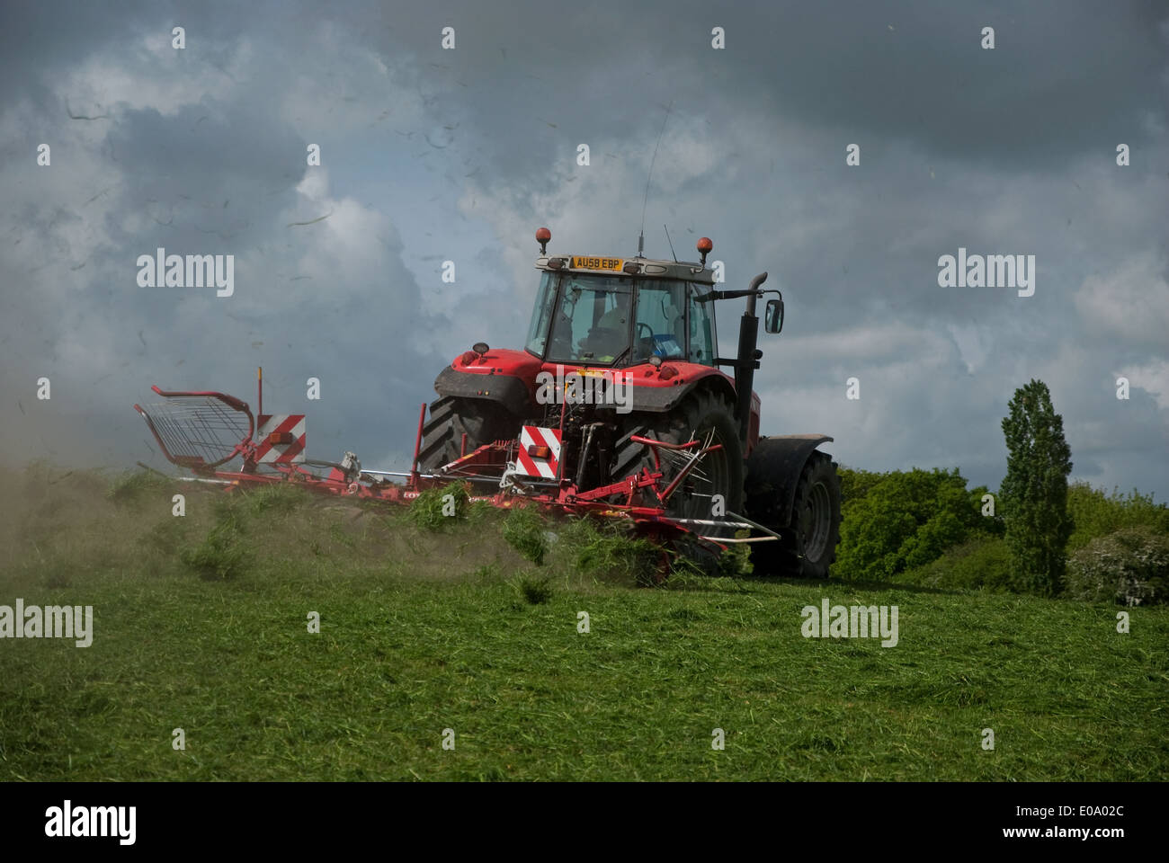 Tractor turning grass to dry for silage in British countryside in spring Stock Photo