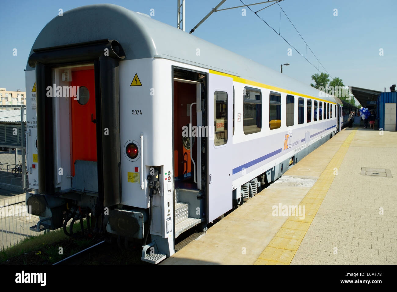 Rear view of passenger train on May 1, 2014 at Warsaw East railway station, Poland. Stock Photo