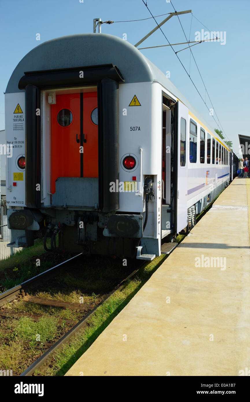 Rear view of passenger train on May 1, 2014 at Warsaw East railway