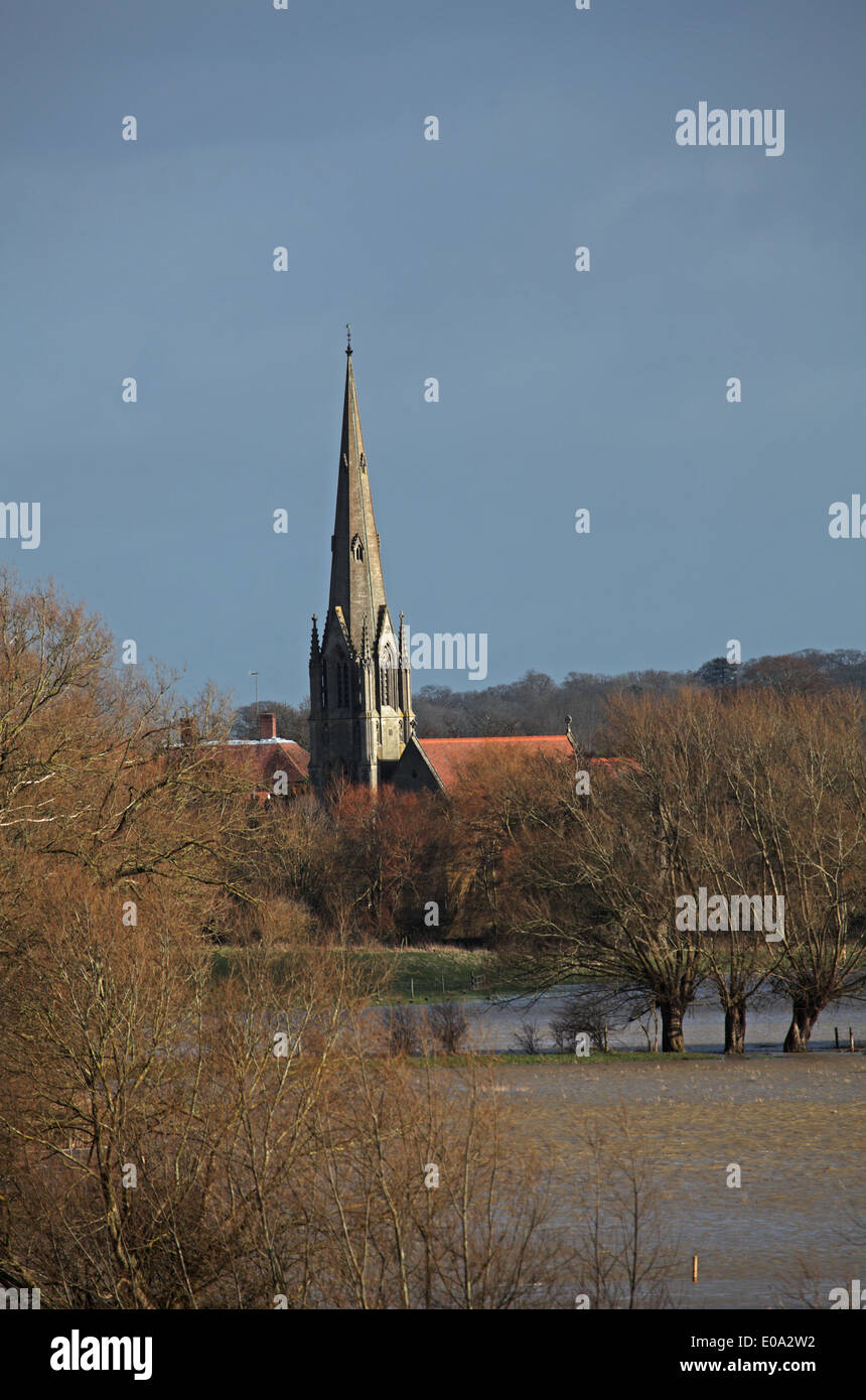 Sherbourne Church, Warwickshire viewed across the flood plain of the River Avon, February 2014 Stock Photo