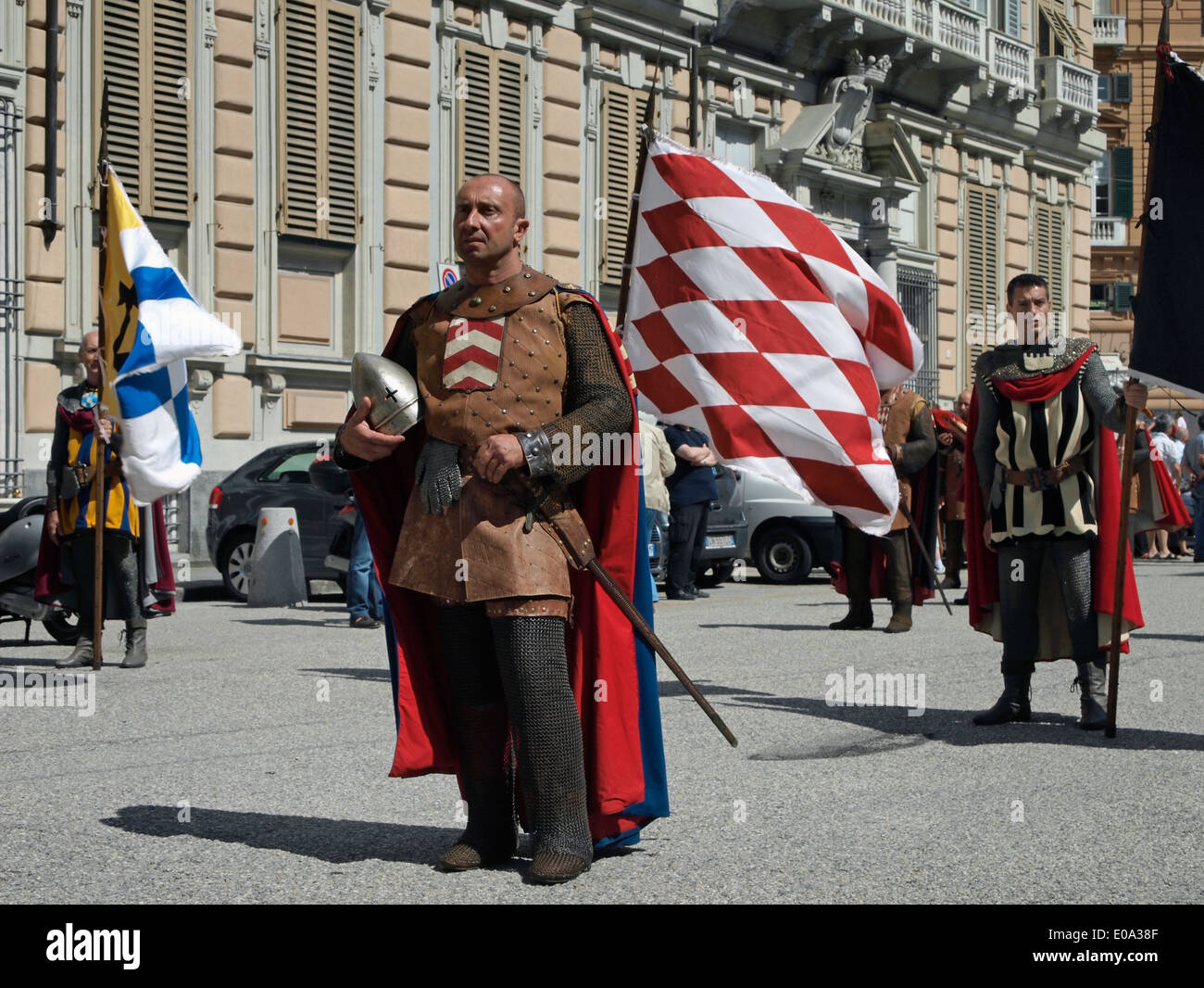 procession with historical costumes in Genoa during the 4 maritime republics regatta - Italy Stock Photo