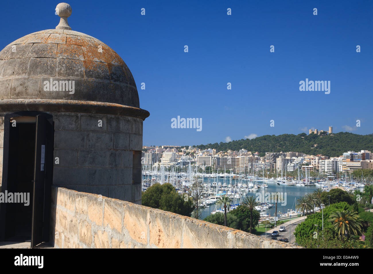 View of Palma from the old city walls and the Es Baluard Museum of Modern and Contemporary Art looking towards Bellver Castle Stock Photo