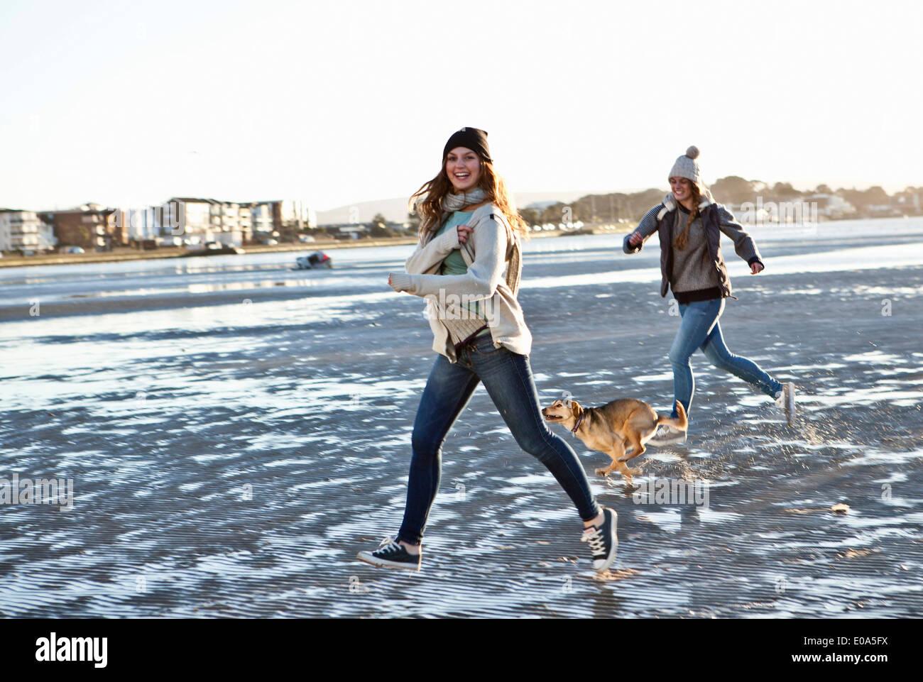 Two female friends running with dog on the beach Stock Photo