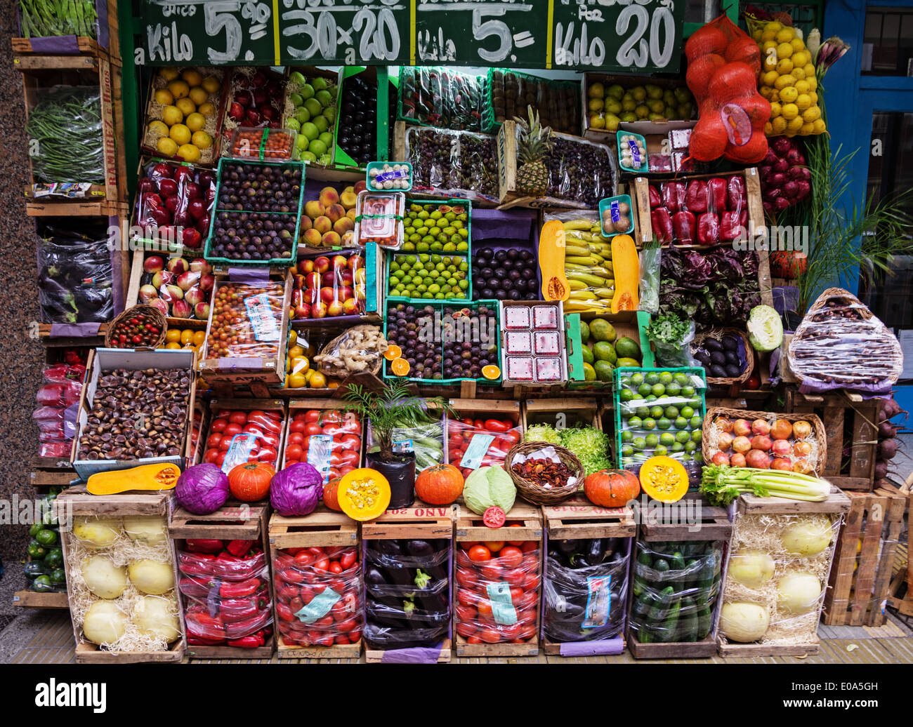 fruit and vegetable market display in mar del plata argentina stock