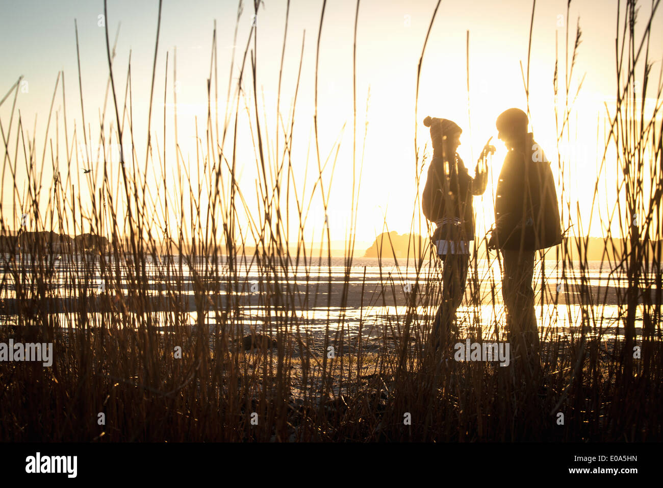 Silhouette of romantic young couple on the beach Stock Photo