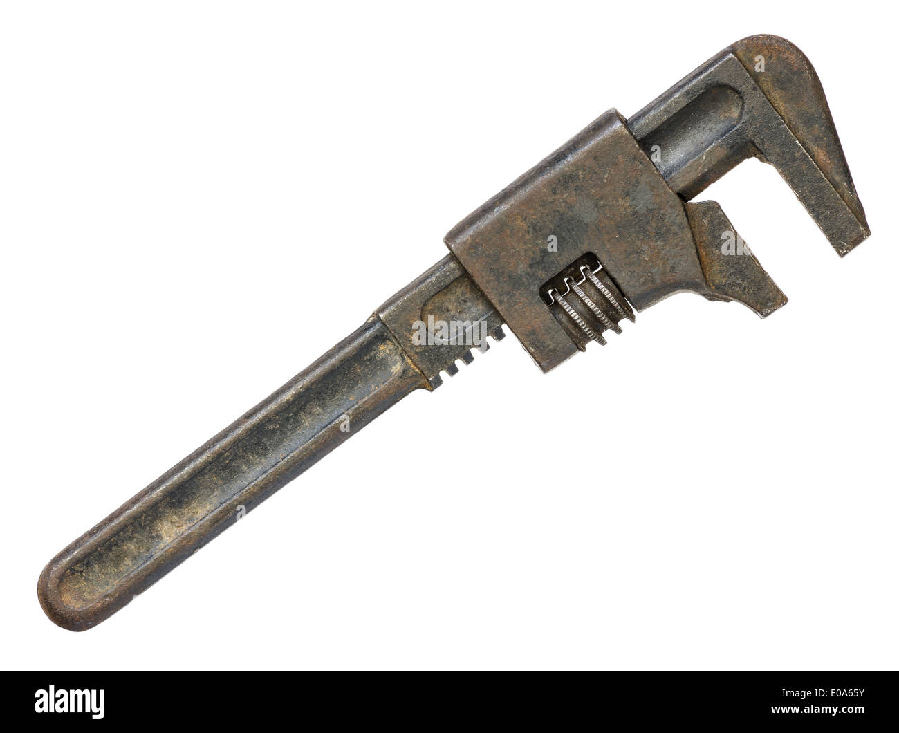vintage old used adjustable wrench or monkey wrench isolated on white Stock Photo