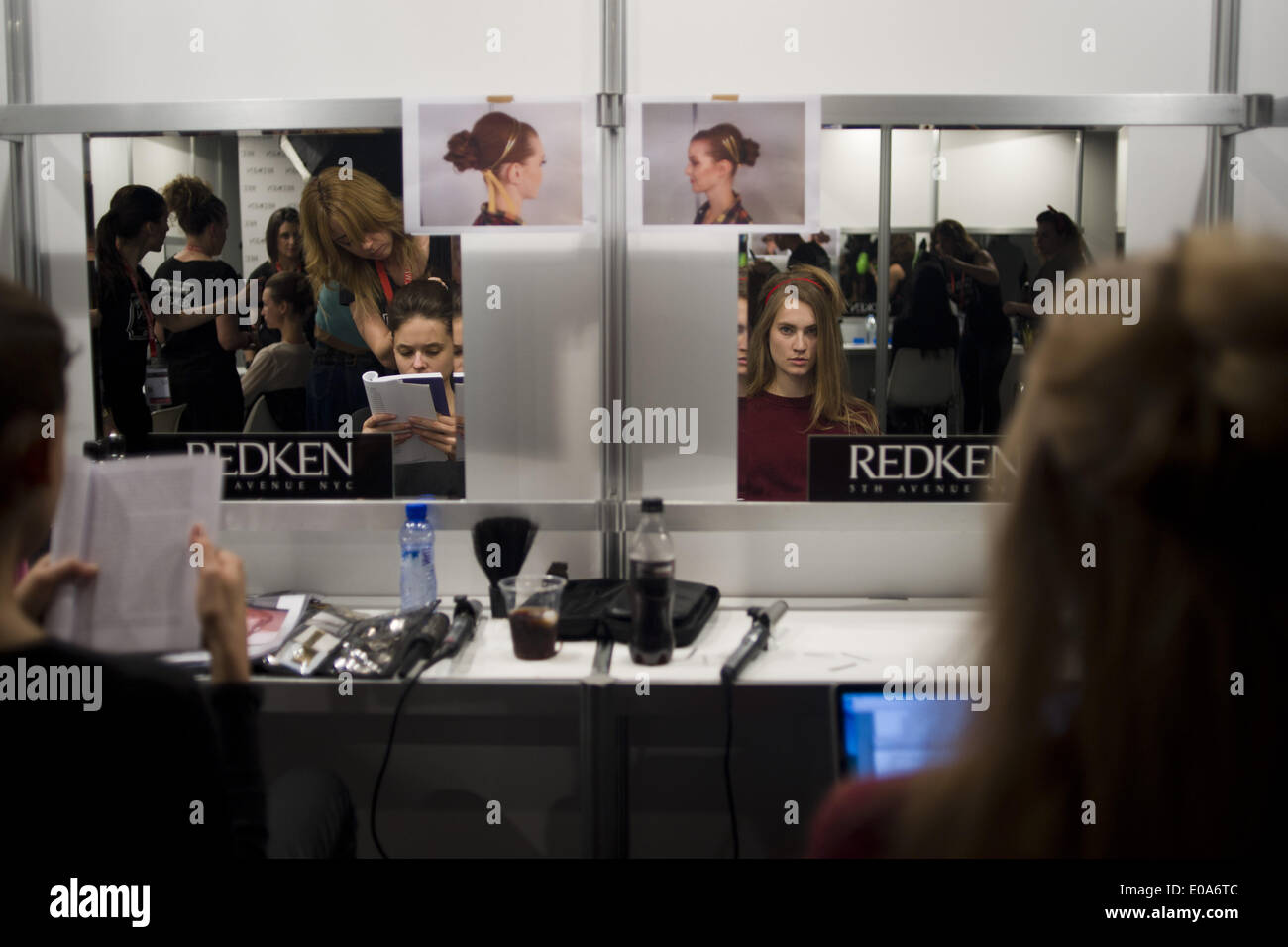 Barcelona, Spain. 7th May, 2014.   Models at the backstage where are combed and makeup before the catwalk. Barcelona Bridal Week is a fashion industry event that includes Gaudi Novias (brides) Catwalk. Credit:  Jordi Boixareu/ZUMA Wire/ZUMAPRESS.com/Alamy Live News Stock Photo