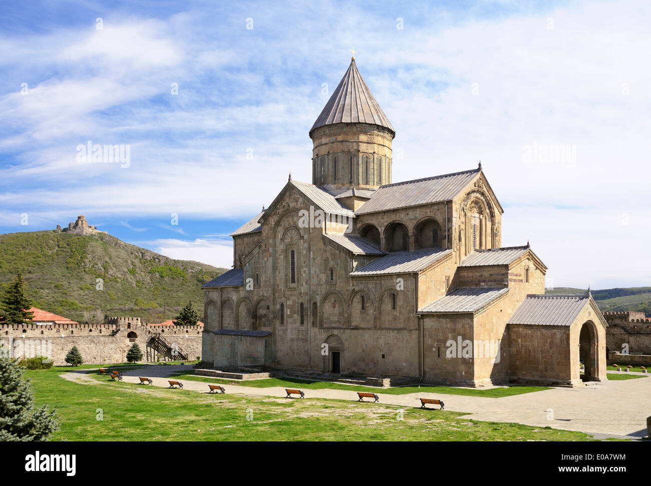 Orthodox Cathedral of Svetitskhoveli in the background Jvari monastery Stock Photo