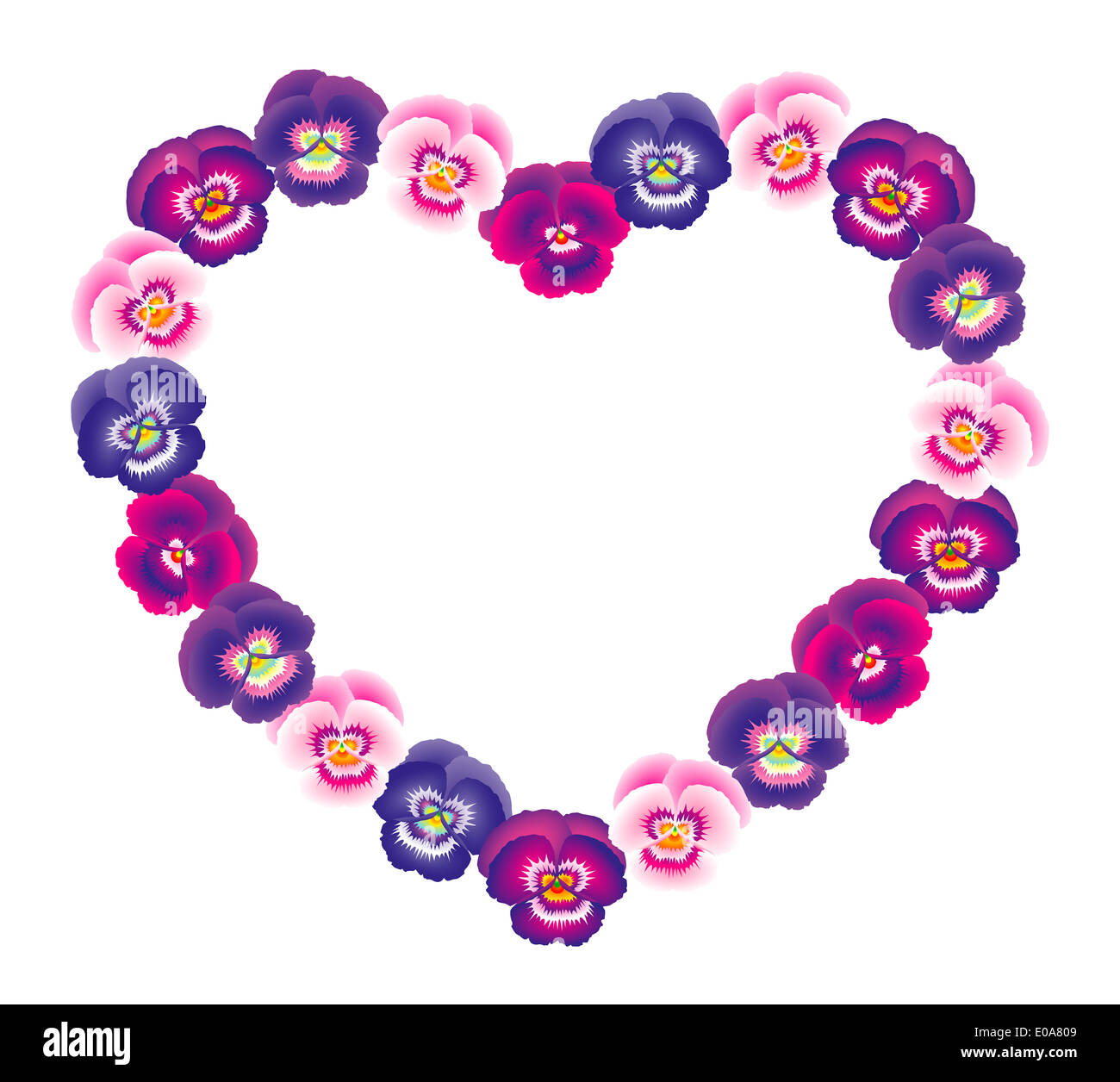 Illustration of a pink, purple and violet pansy heart bouquet. Stock Photo