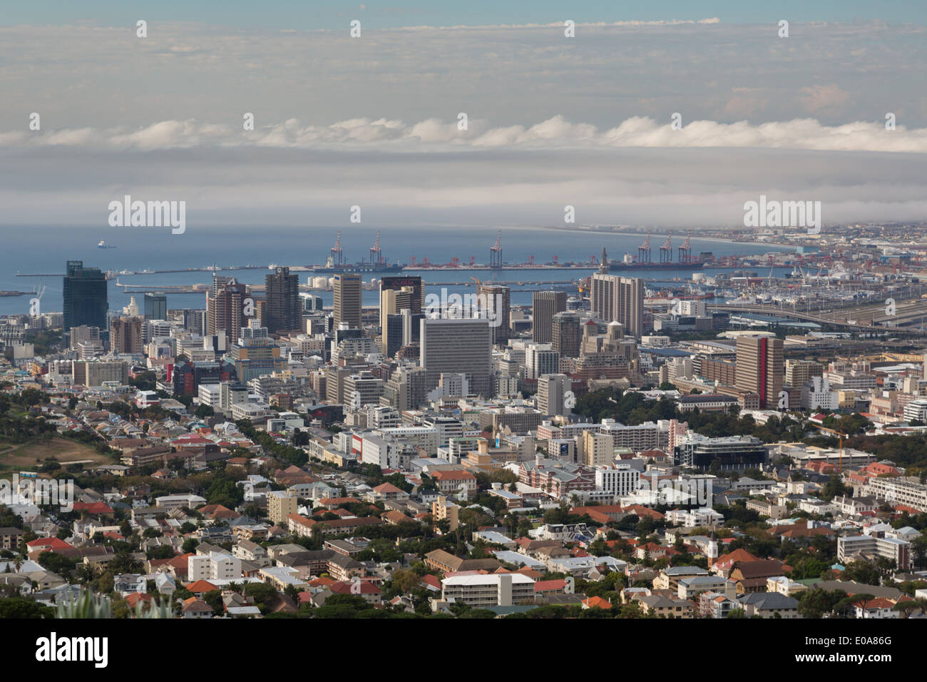 Cape Town South Africa seen from the slopes of Signal Hill. The curve of the bay disappears into an approaching weather front. Stock Photo