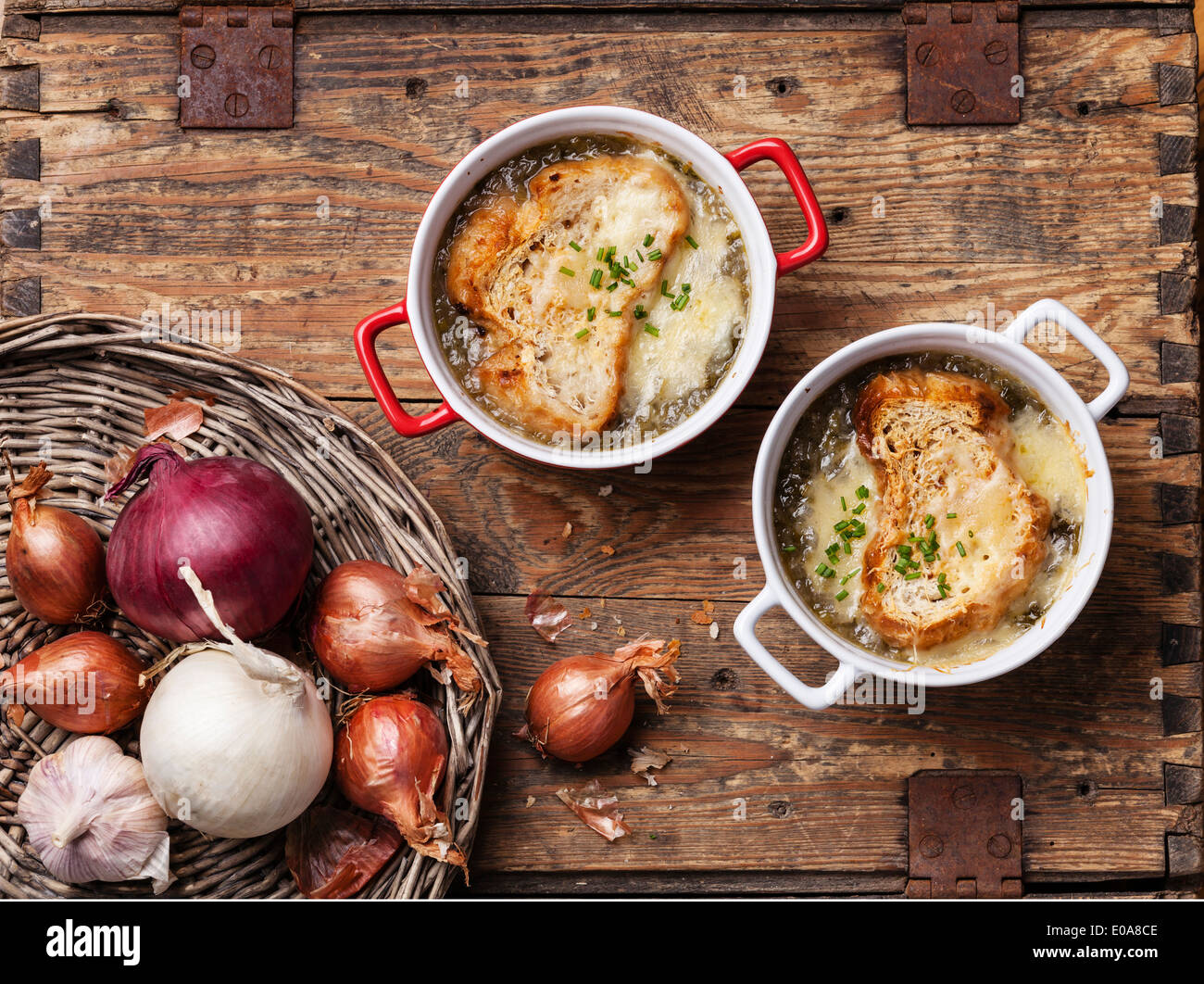 Onion soup with dried bread and cheddar cheese Stock Photo