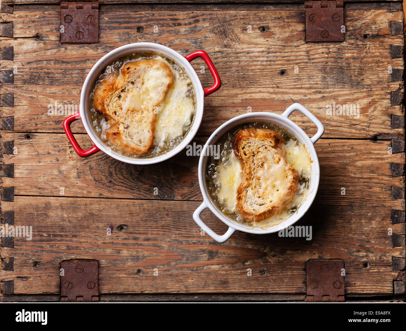 Onion soup with dried bread and cheddar cheese Stock Photo
