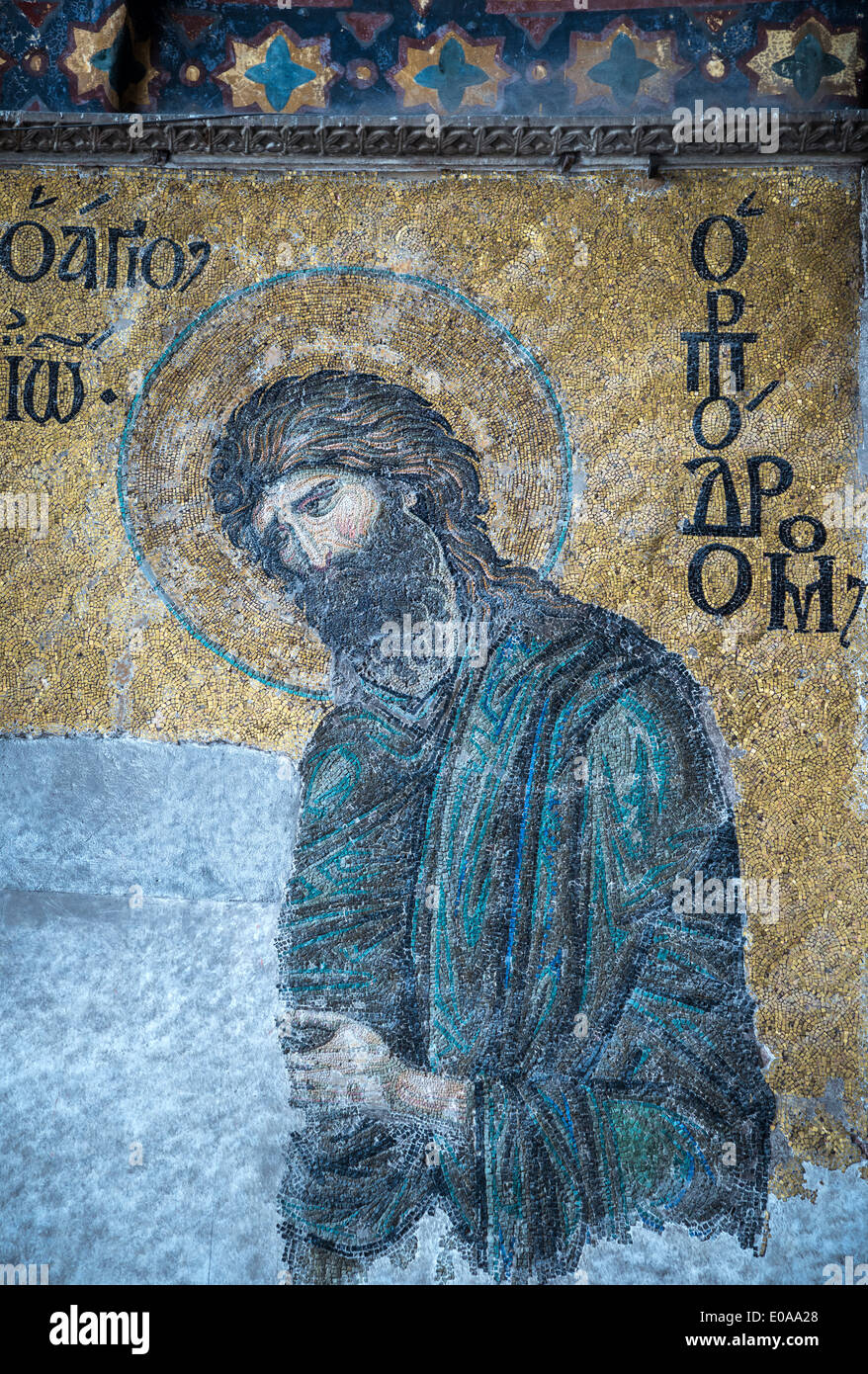 Detai of a13th cen. Byzantine Deesis mosaic, showing John the Basilica of Baptist. Hagia Sophia, Sultanahmet, Istanbul, Turkey Stock Photo