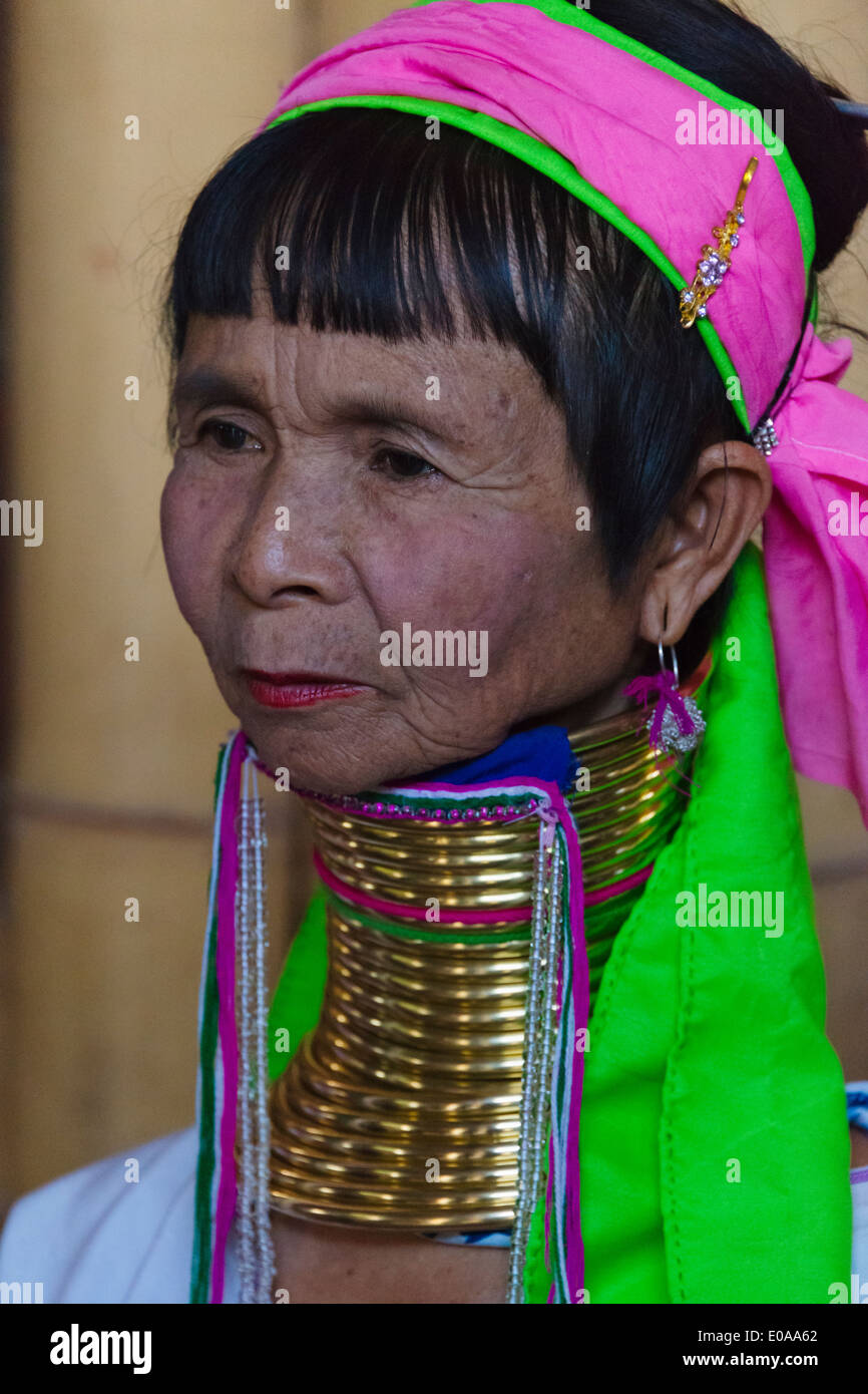 Padaung (Kayan Lahwi) woman wearing brass neck coils, Inle Lake, Shan State, Myanmar Stock Photo