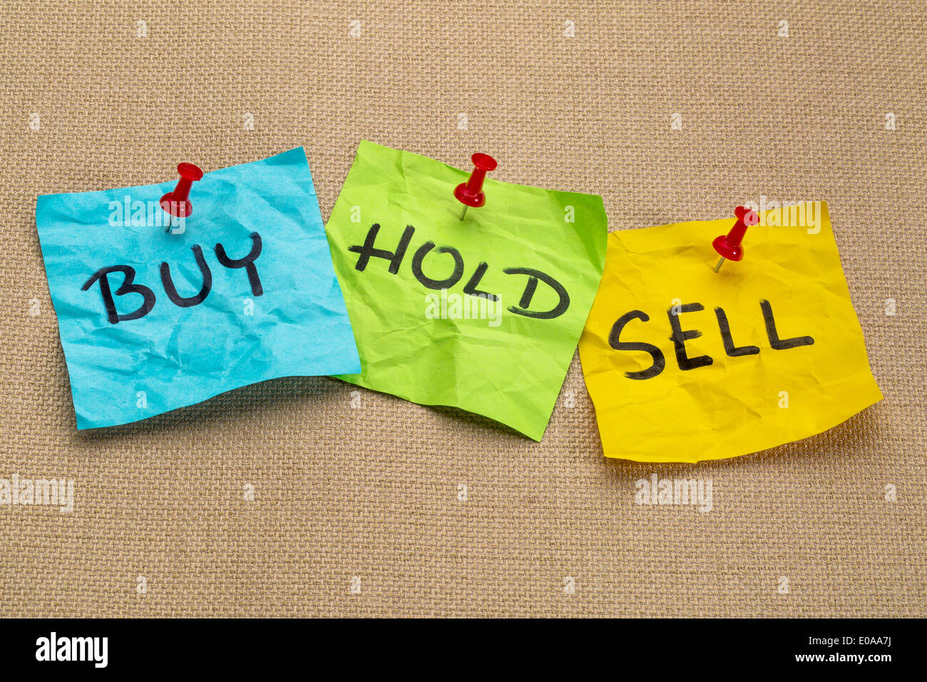 buy, hold, sell - investing concept - handwritten words on sticky notes Stock Photo