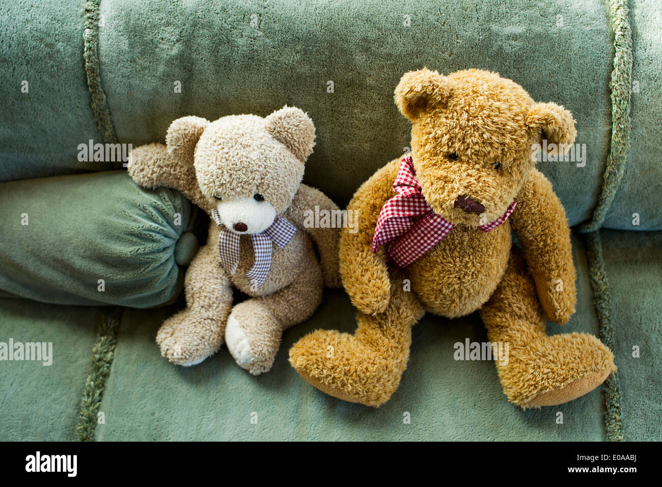 Two teddy bears sitting on sofa Stock Photo