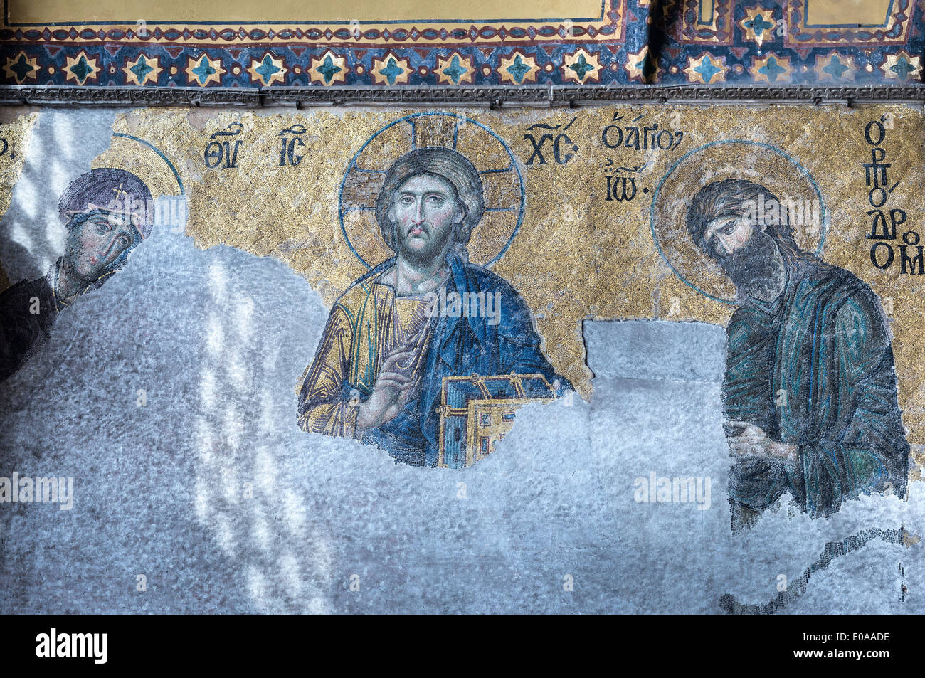 Detail of a13th cen. Byzantine Deesis mosaic. Upper gallery Hagia Sophia, Sultanahmet, Istanbul, Turkey - see description Stock Photo