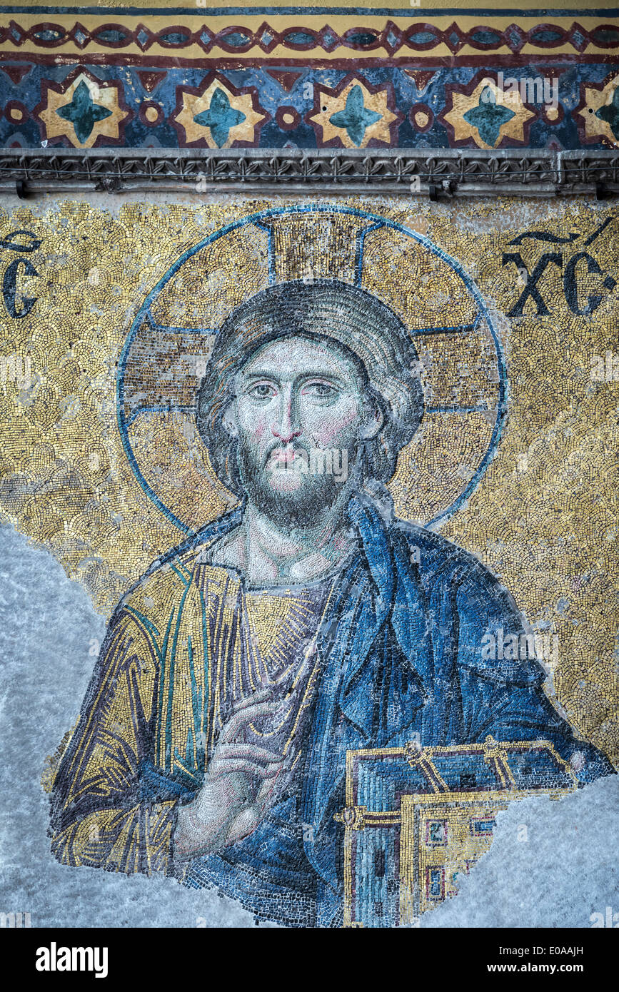 Detai of a13th cen. Byzantine Deesis mosaic, showing Christ. Upper gallery, Hagia Sophia, Sultanahmet, Istanbul, Turkey Stock Photo