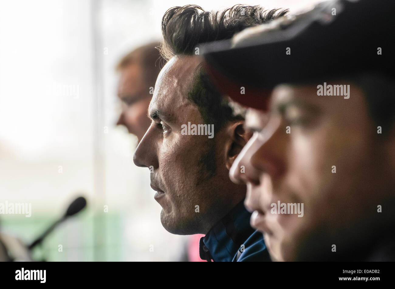 Belfast, Northern Ireland, UK. 7th May, 2014. Top cyclists Joaquim Rodriguez, Rigoberto Uran and Cadel Evans at the press conference to launch the Giro d'Italia cycle race Credit:  Stephen Barnes/Alamy Live News Stock Photo
