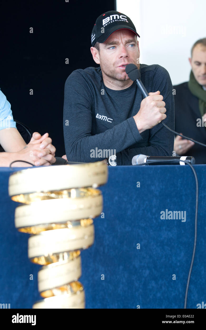 Waterfront Hall, Belfast,UK. 7th May 2014. Cadel Evans,Team BMC Racing with the Trofeo Sanza Fine in the foreground at the Giro top riders press conference ©Bonzo/Alamy Live Stock Photo
