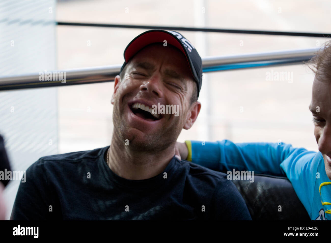 Waterfront Hall, Belfast,UK. 7th May 2014. Cadel Evans,Team BMC Racing enjoying a lighter moment at the Giro top riders press conference ©Bonzo/Alamy Live Stock Photo