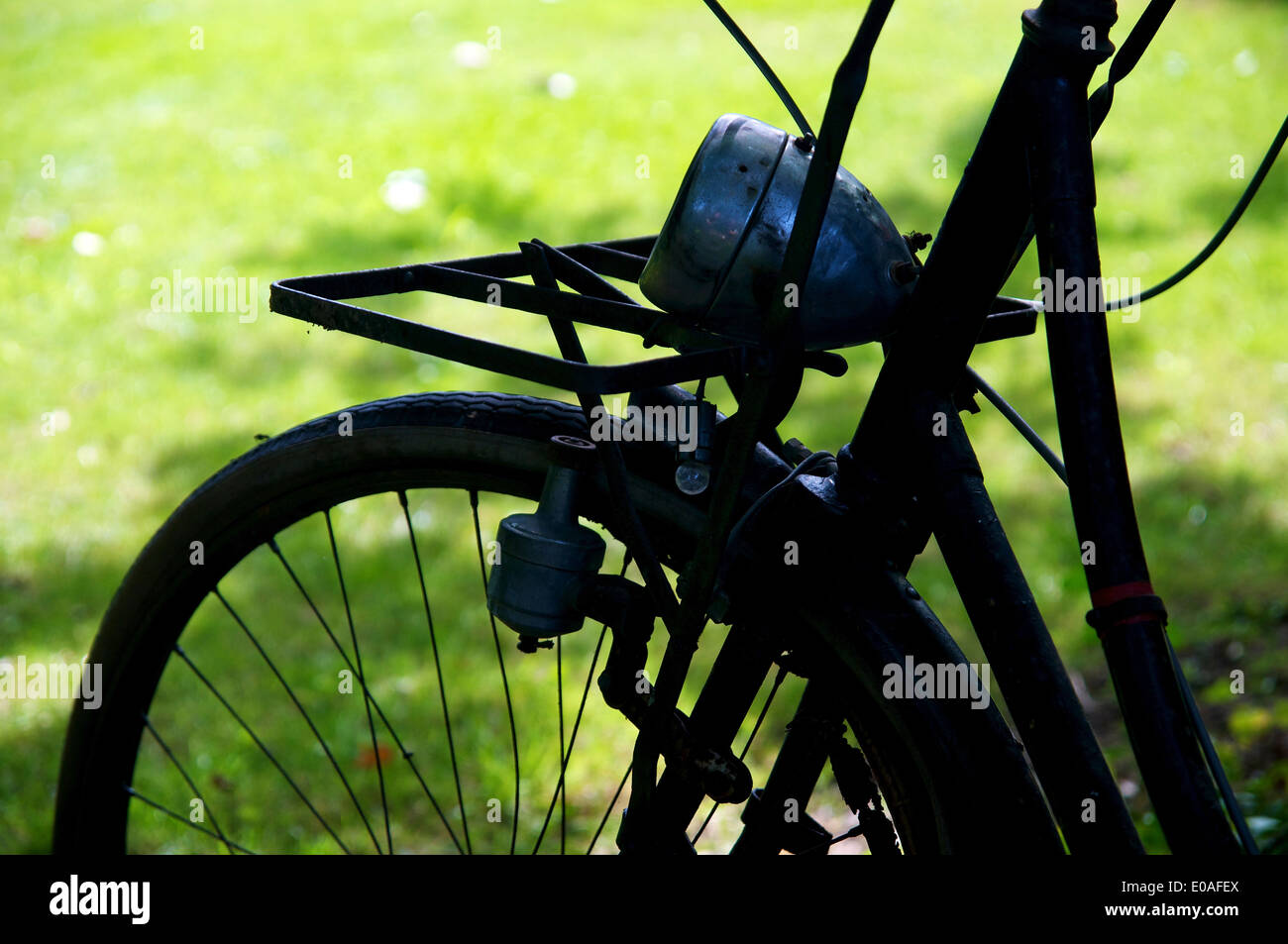 Old bicycle in the shade of a tree in a garden in Normandy. Stock Photo