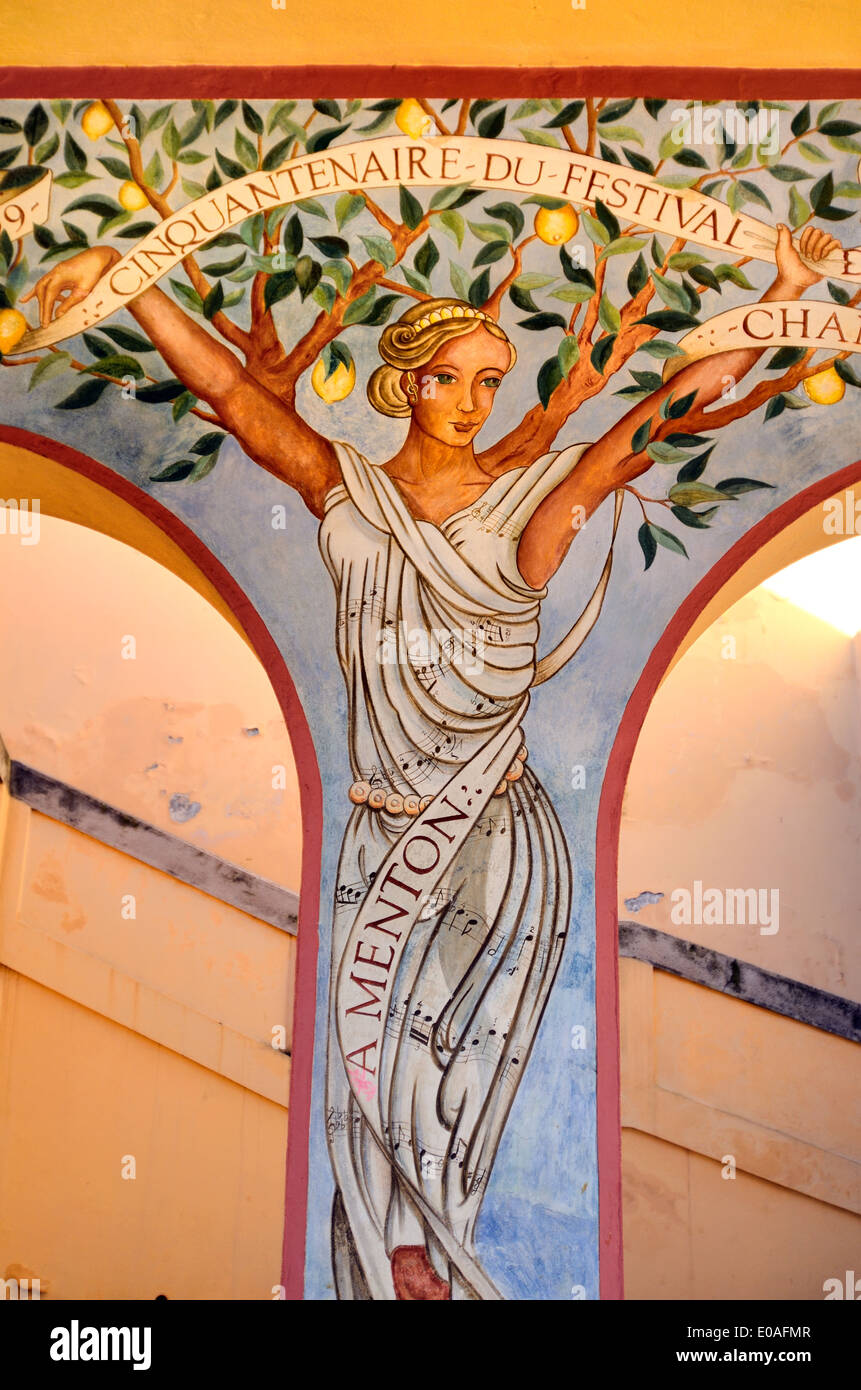 Art Deco Woman or Figure Painted on Wall in the Old Town or Historic District Menton Alpes-Maritimes France Stock Photo