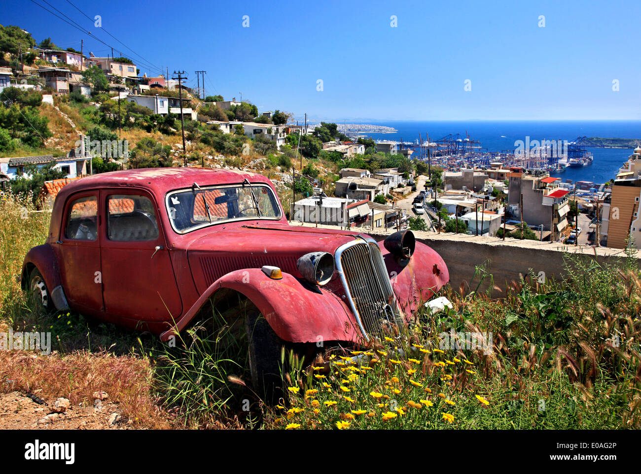 Abandoned old car at Perama, Piraeus, Attica, Greece. In the Stock