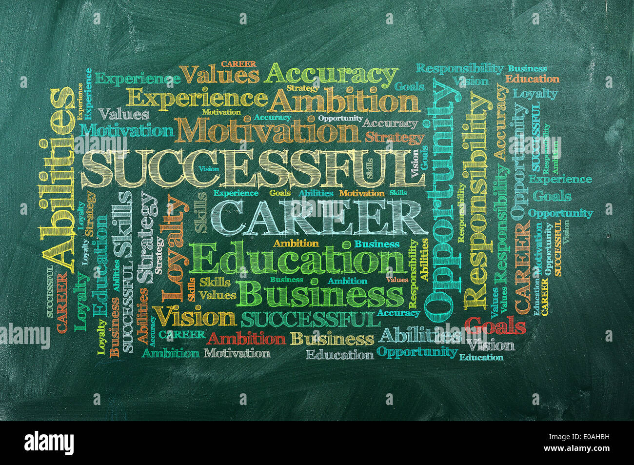Career in word cloud on green chalkboard . Stock Photo