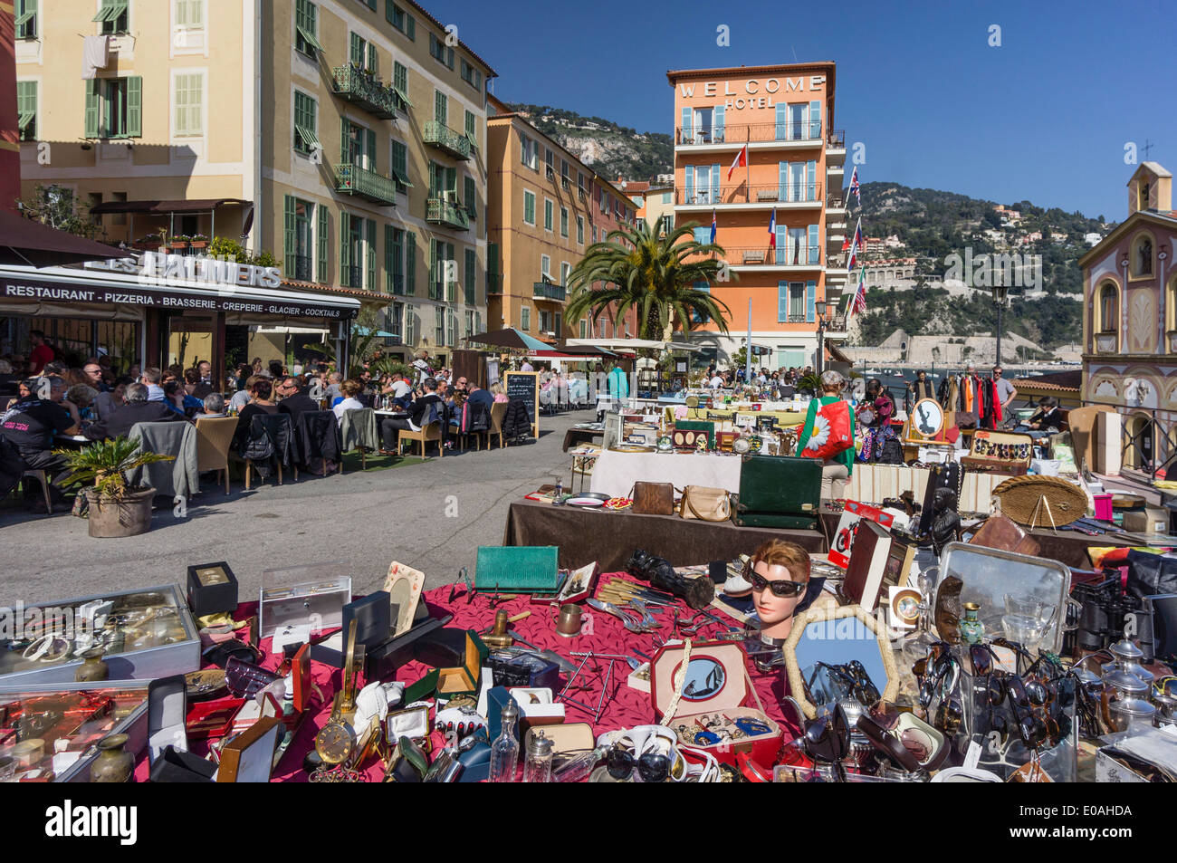 Villefranche Sur Mer, Flea Market, Welcome Hotel, Alpes Maritimes, Provence, French Riviera, Mediterranean, France, Europe,  Stock Photo