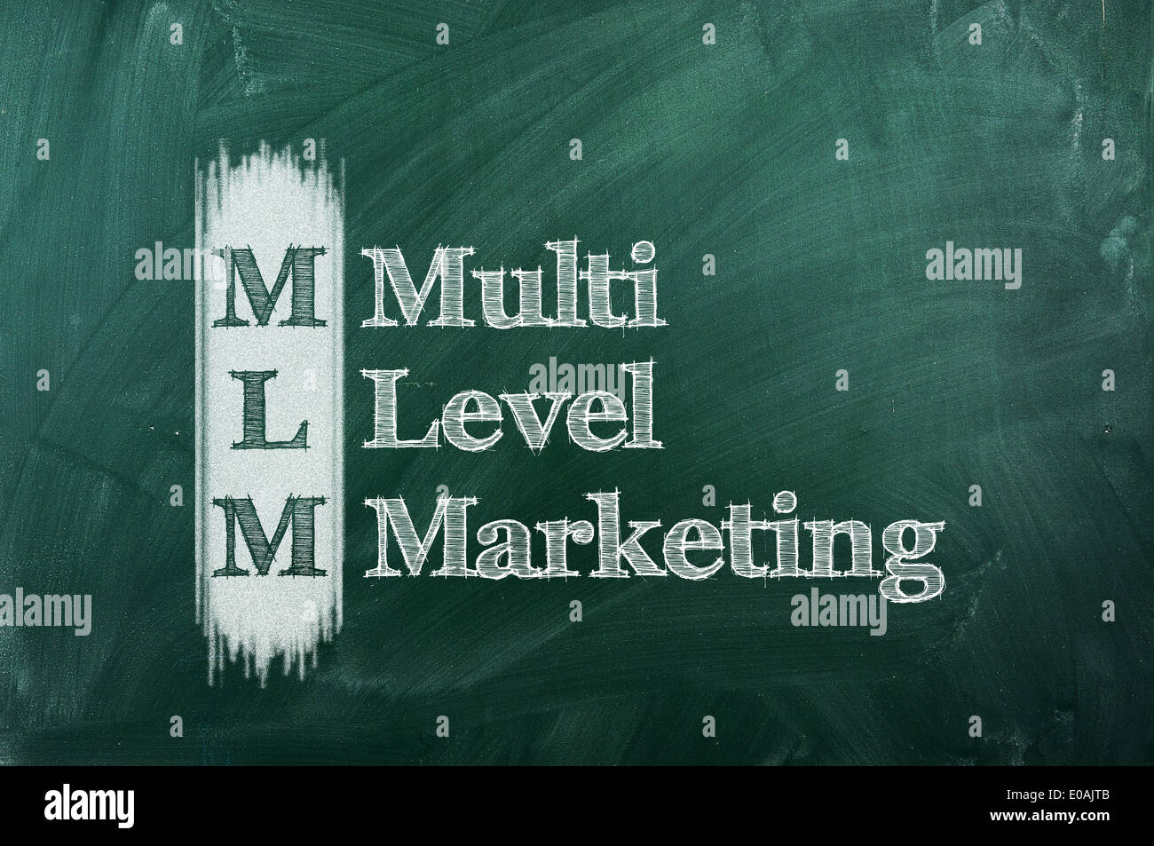 mlm - multi level marketing on green chalkboard Stock Photo