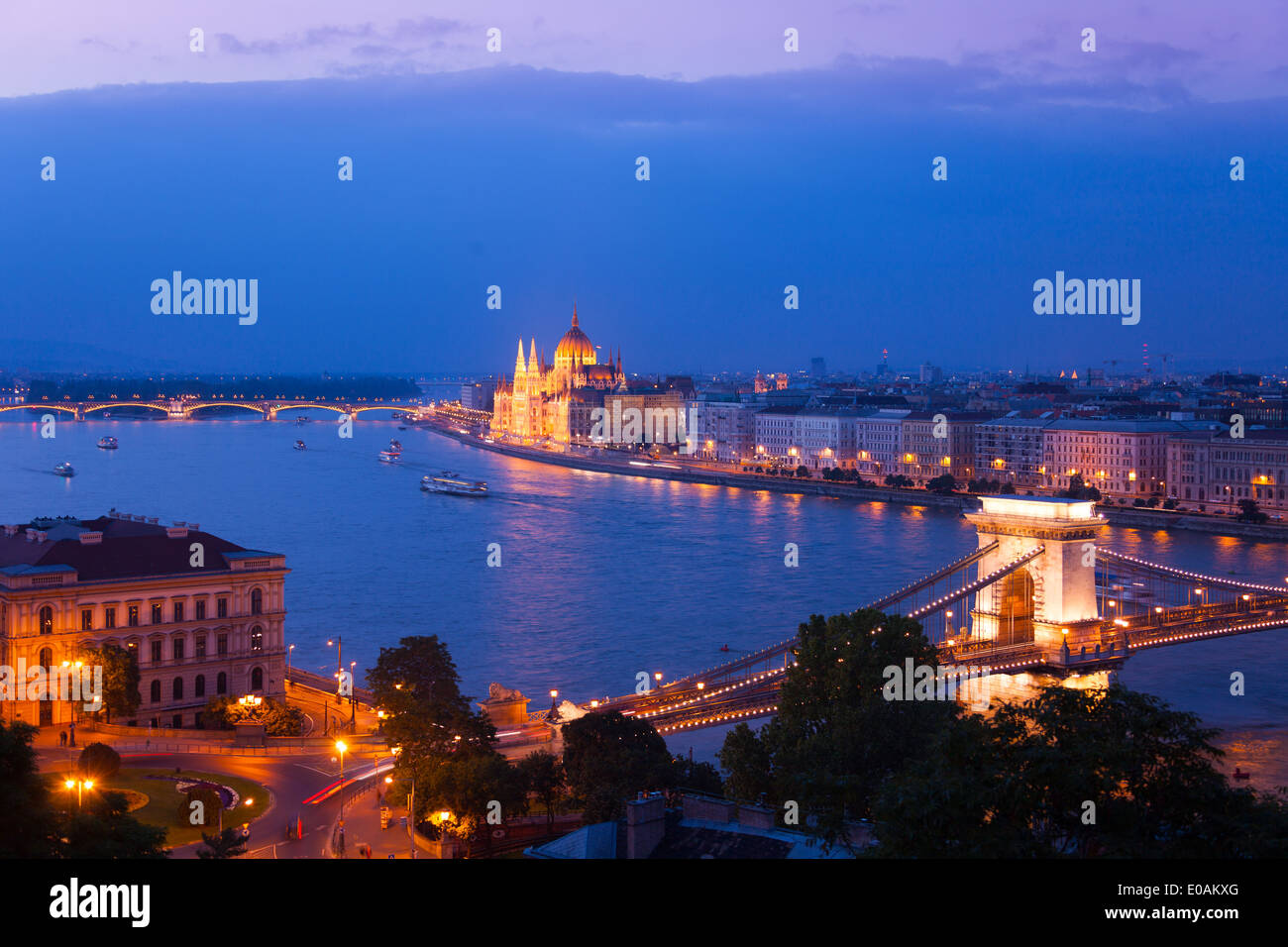 Chain Bridge and parliament in Budapest Stock Photo