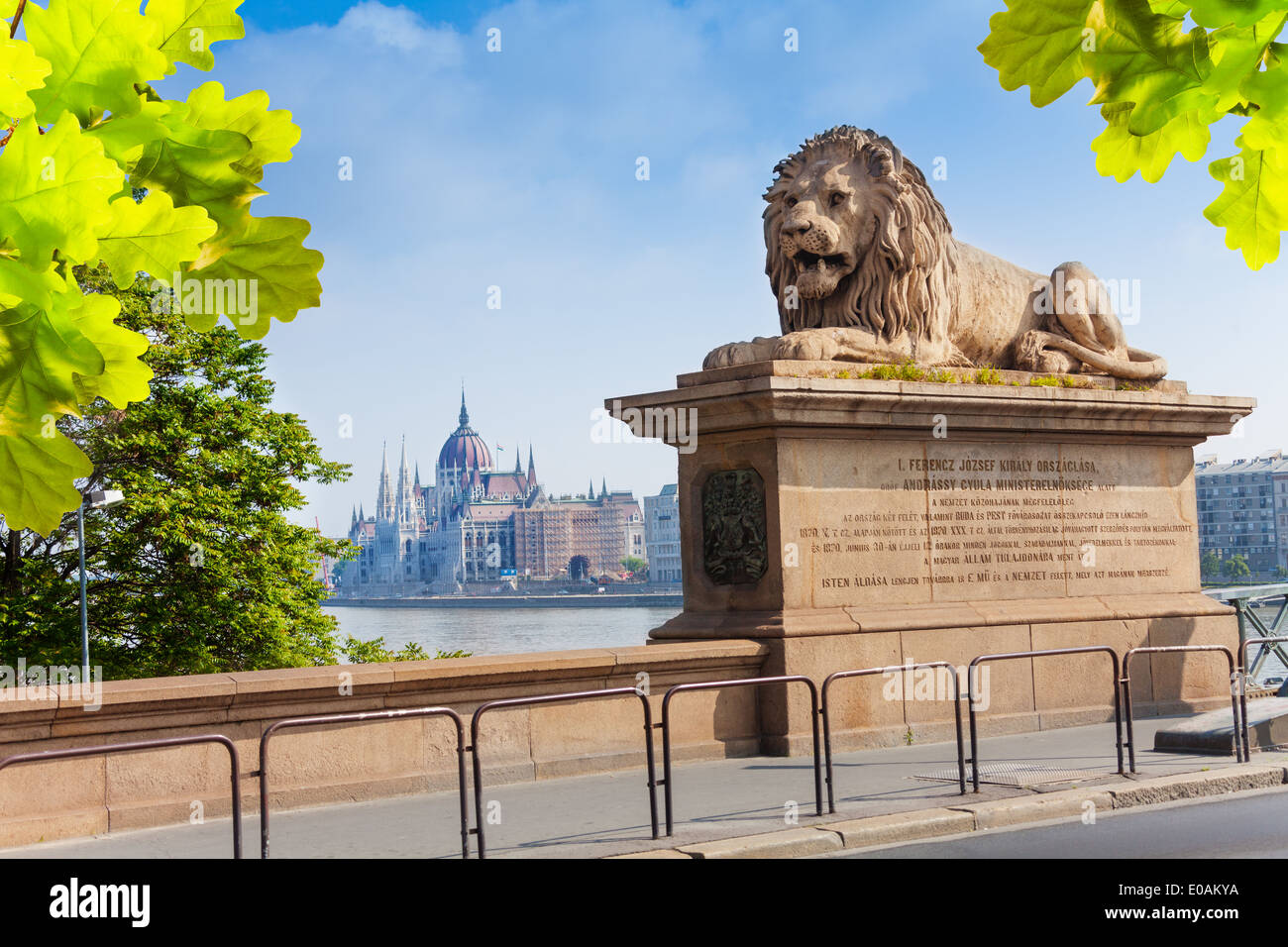Monument of the lion on Chain bridge in Budapest Stock Photo