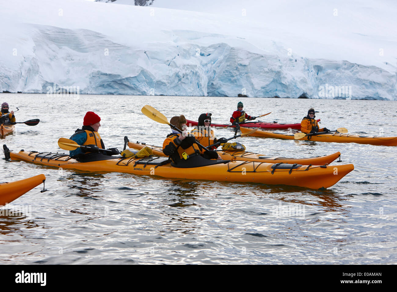 group of sea kayakers in port lockroy antarctica Stock Photo