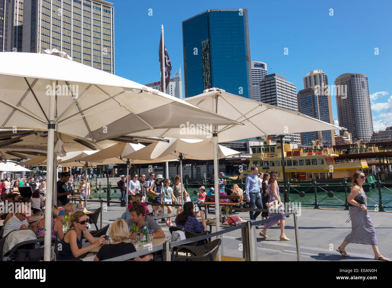 Sydney Australia,city skyline,skyscrapers,Sydney Harbour,harbor,East Circular Quay,promenade,restaurant restaurants food dining cafe cafes,al fresco s Stock Photo