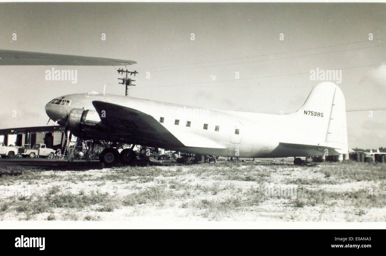 The Boeing 307 Stratoliner was the first commercial airliner with a pressurized cabin, designed to carry passengers at higher altitudes. It was used by several airlines, including Pan American Airways, and was powered by the Wright Cyclone engine. The aircraft had a significant role in the evolution of air travel during the late 1930s and early 1940s. Stock Photo